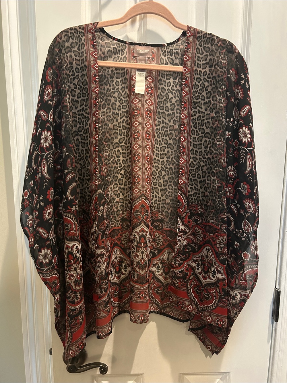 CHICO’S Black Sheer Mixed-Print Kimono Cape with Red Accents